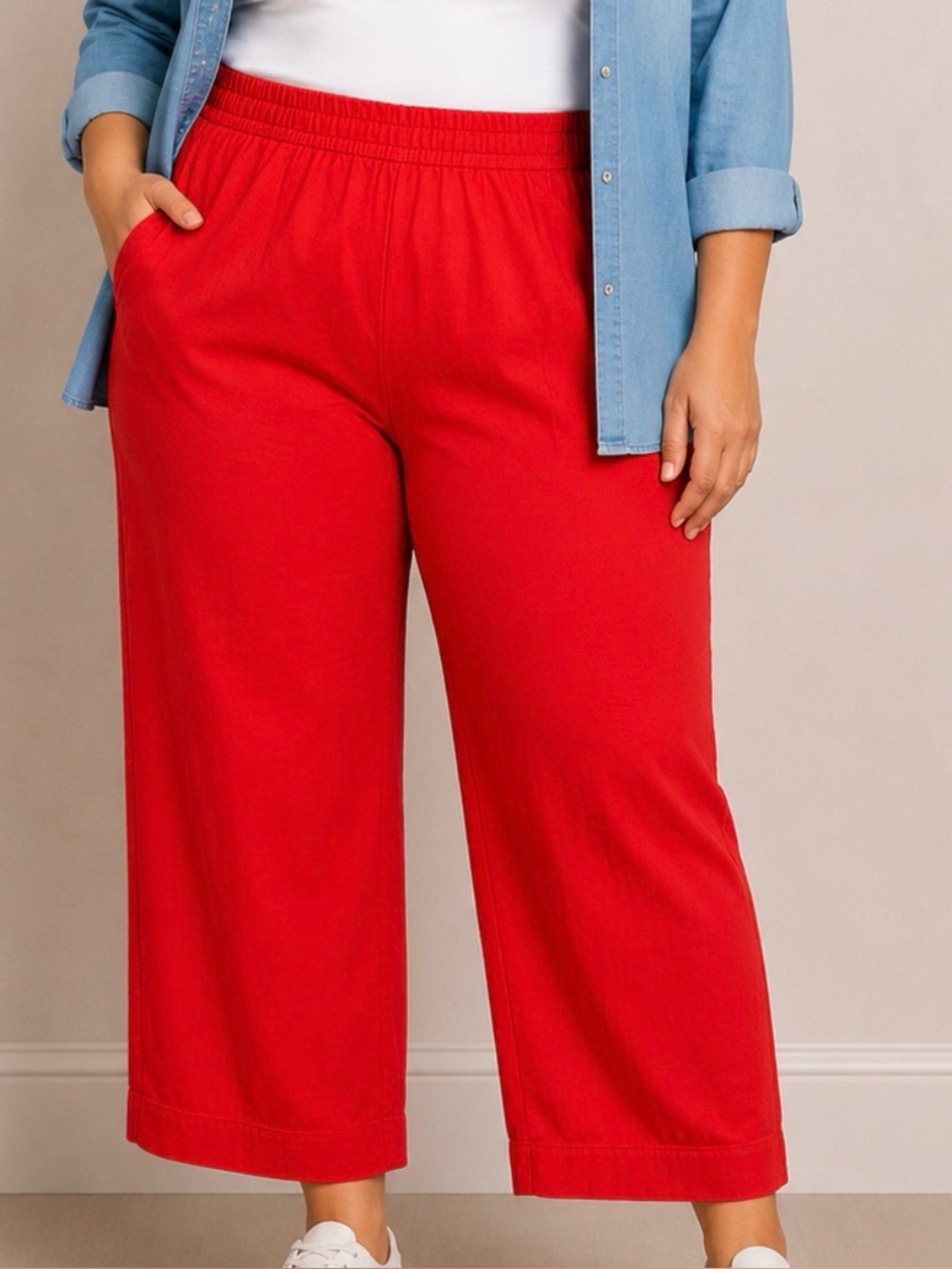 Denim & Co. Beach Knit Gauze Wide Leg Crop Pants Crochet Trim Poppy Red 1X